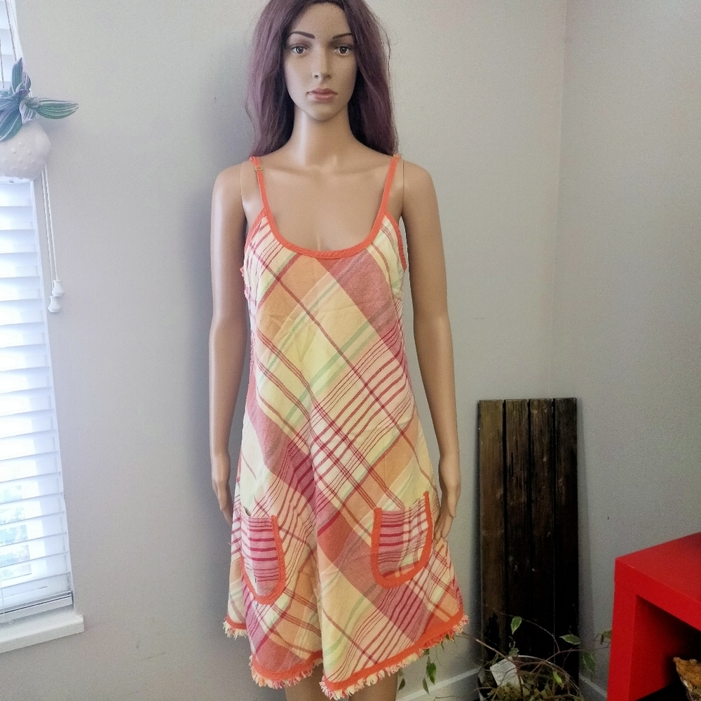 Handmade Artisan dress Red and Cream Plaid Recycled Cotton Scoop Neck Midi